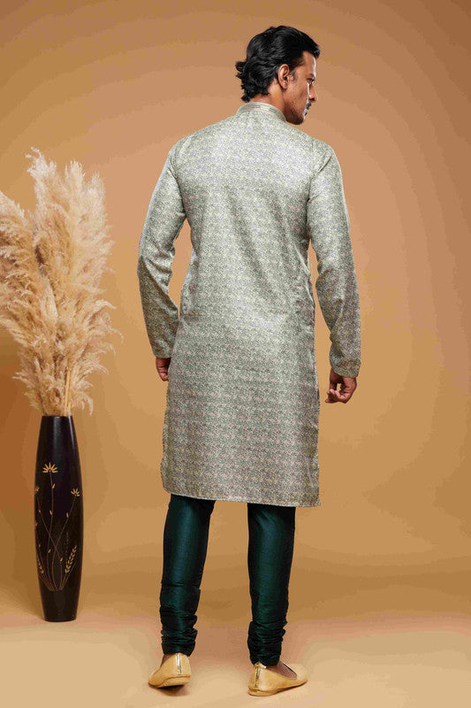 Men's Art Silk Digital Print Pintux Work Kurta Pajama In Green Colour