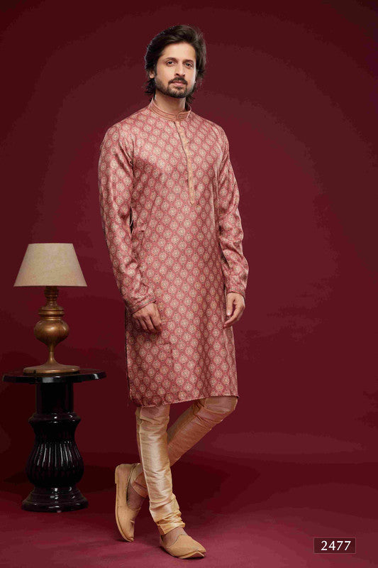 Men's Art Silk Digital Print Pintux Work Kurta Pajama In Pink Colour