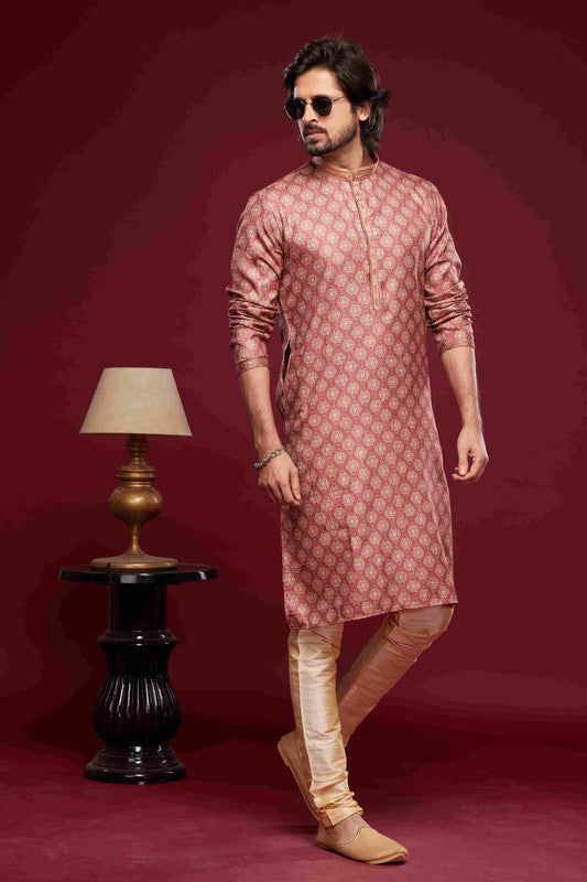 Men's Art Silk Digital Print Pintux Work Kurta Pajama In Pink Colour