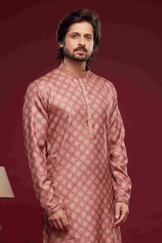 Men's Art Silk Digital Print Pintux Work Kurta Pajama In Pink Colour