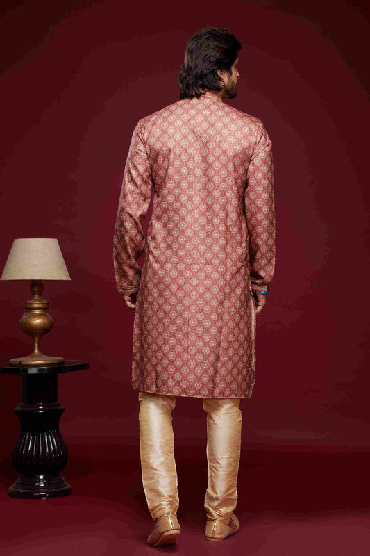 Men's Art Silk Digital Print Pintux Work Kurta Pajama In Pink Colour