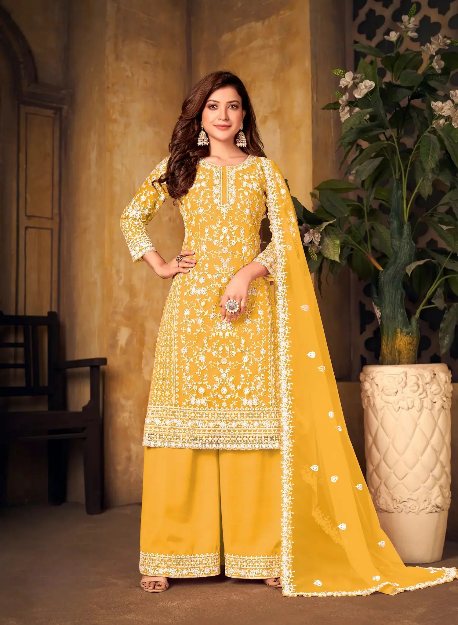 Yellow Net Thread & Sequence Embroidery Work Salwar Suit - qivii