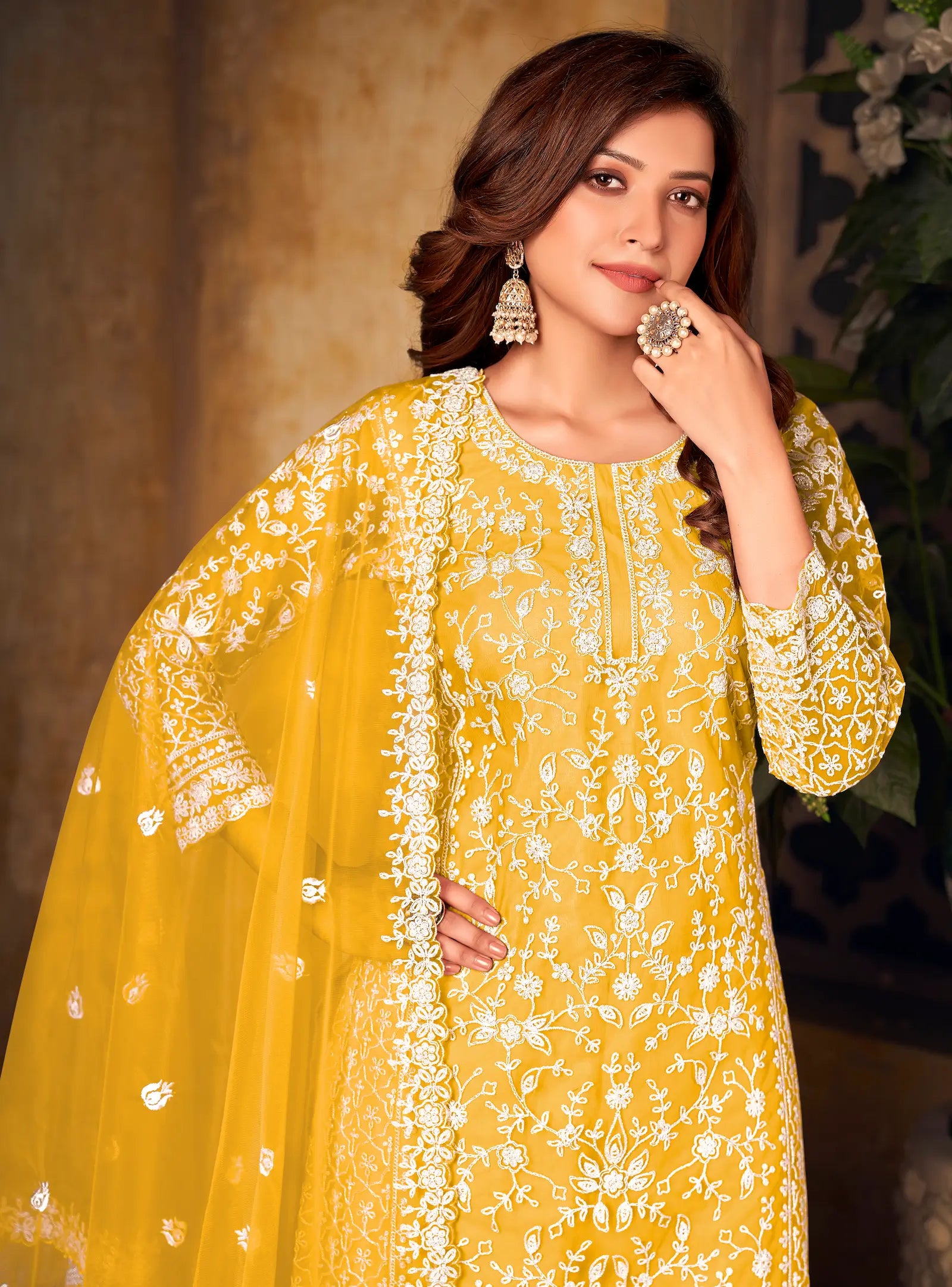 Yellow Net Thread & Sequence Embroidery Work Salwar Suit - qivii