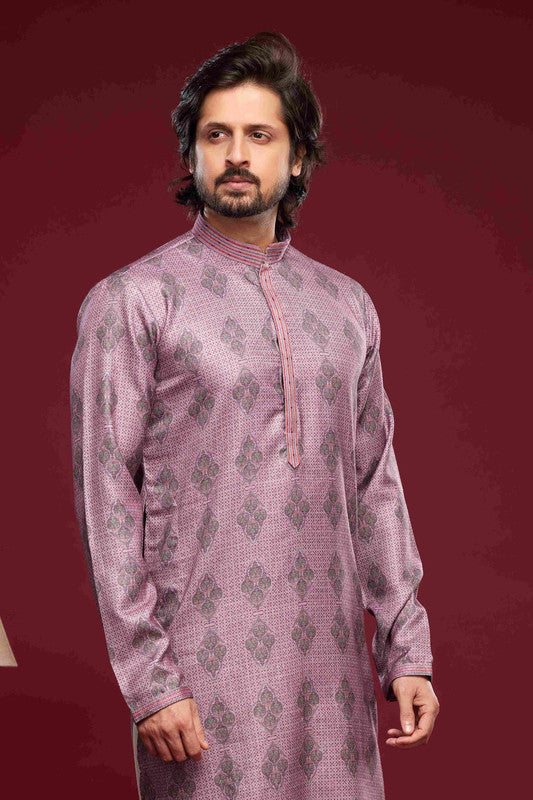 Men's Art Silk Digital Print Pintux Work Kurta Pajama In Magenta Colour