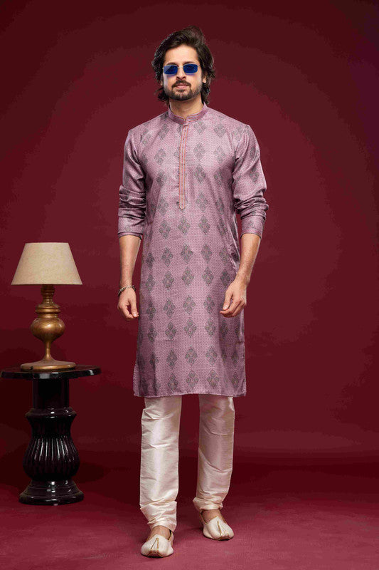 Men's Art Silk Digital Print Pintux Work Kurta Pajama In Magenta Colour