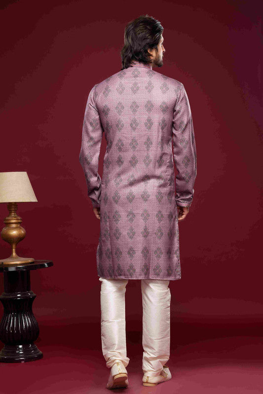 Men's Art Silk Digital Print Pintux Work Kurta Pajama In Magenta Colour