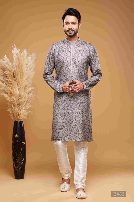 Men's Art Silk Digital Print Pintux Work Kurta Pajama In Grey Colour
