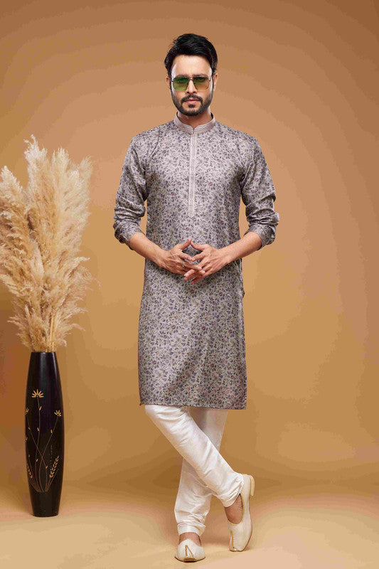 Men's Art Silk Digital Print Pintux Work Kurta Pajama In Grey Colour