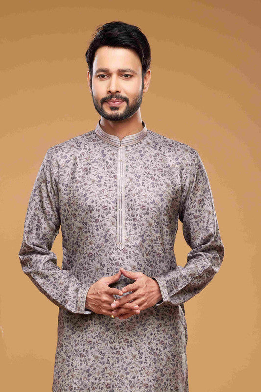 Men's Art Silk Digital Print Pintux Work Kurta Pajama In Grey Colour