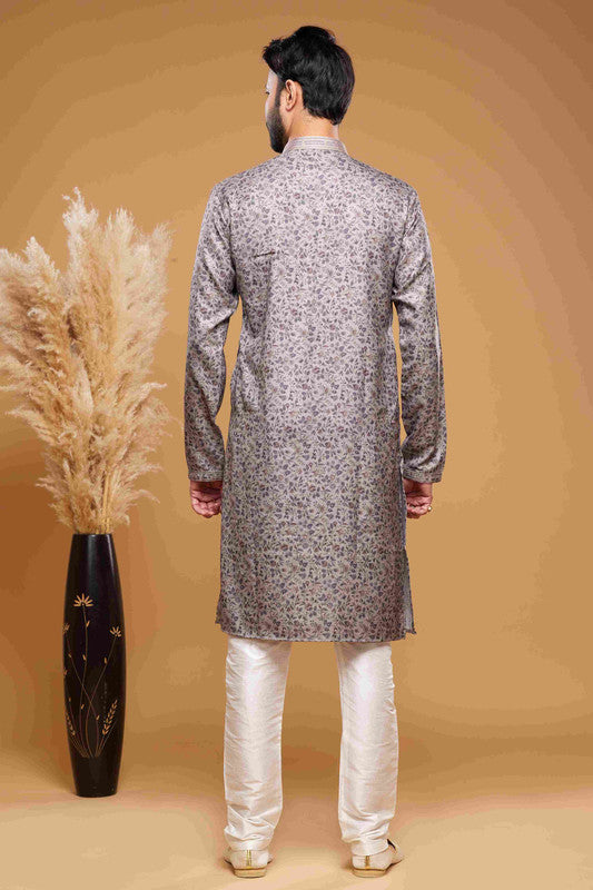 Men's Art Silk Digital Print Pintux Work Kurta Pajama In Grey Colour