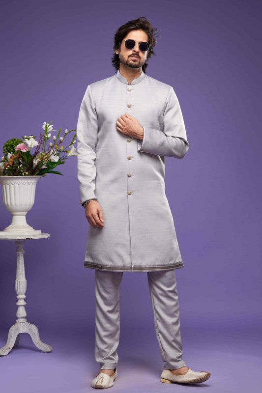 Men's Art Banarasi Silk Thread Work Kurta Pajama In Grey Colour