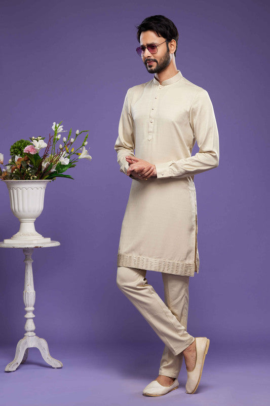 Men's Art Banarasi Silk Thread Work Kurta Pajama In Beige Colour
