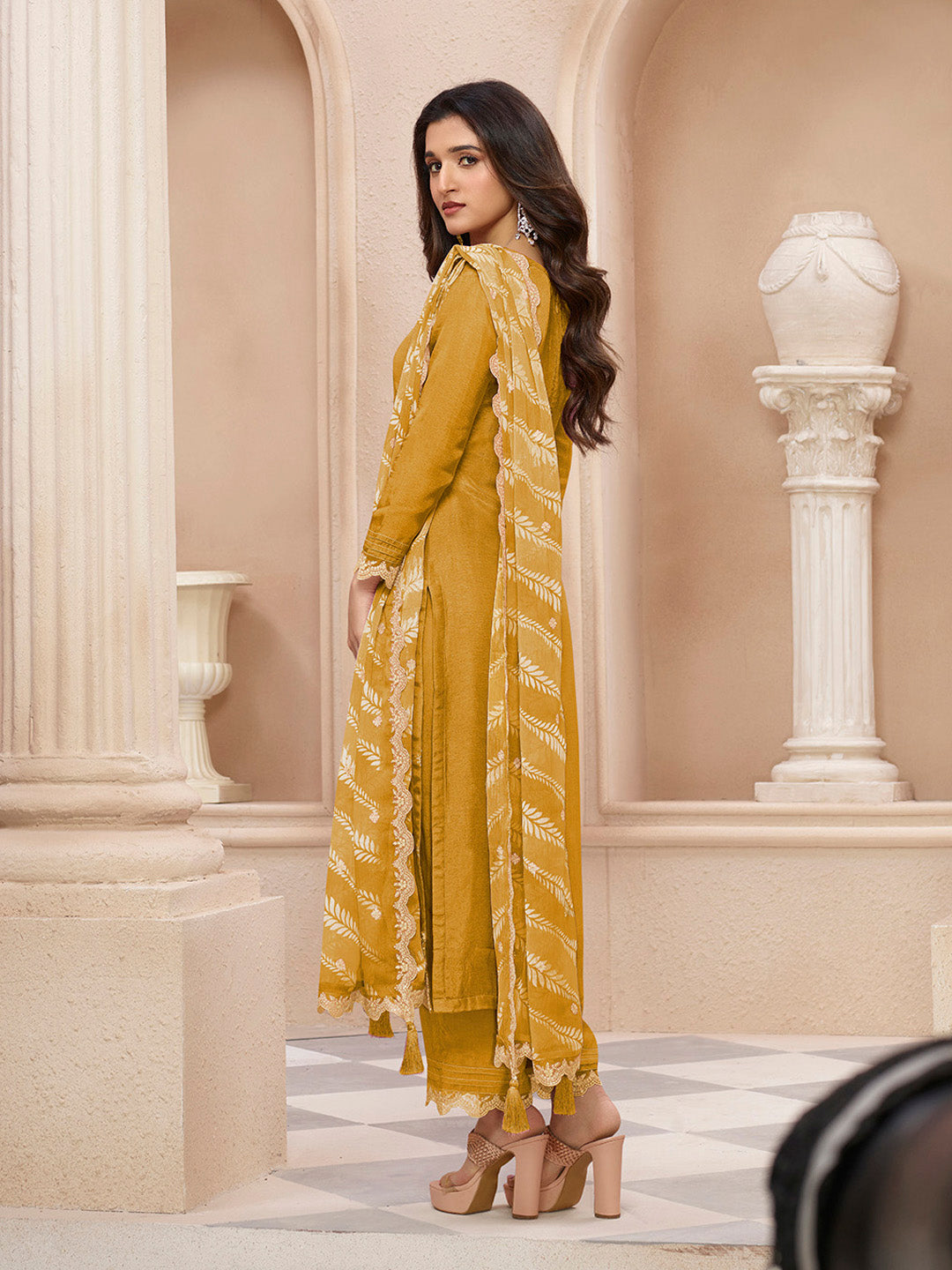 Yellow Cutwork Neckline Dola Silk Kurta Suit Set with Lehariya Print Dupatta - qivii