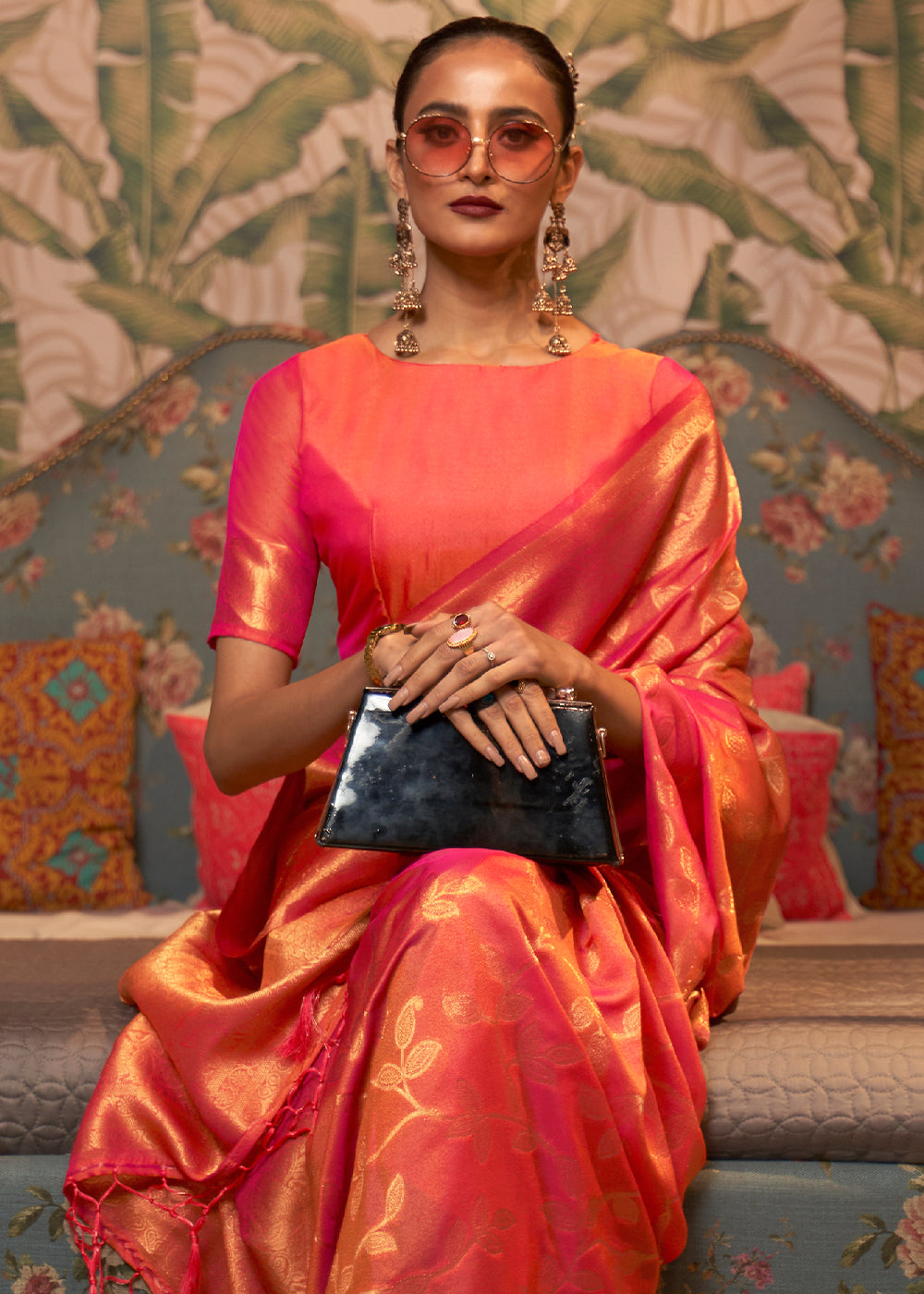 Pink & Orange Woven Floral Banarasi Silk Saree - qivii