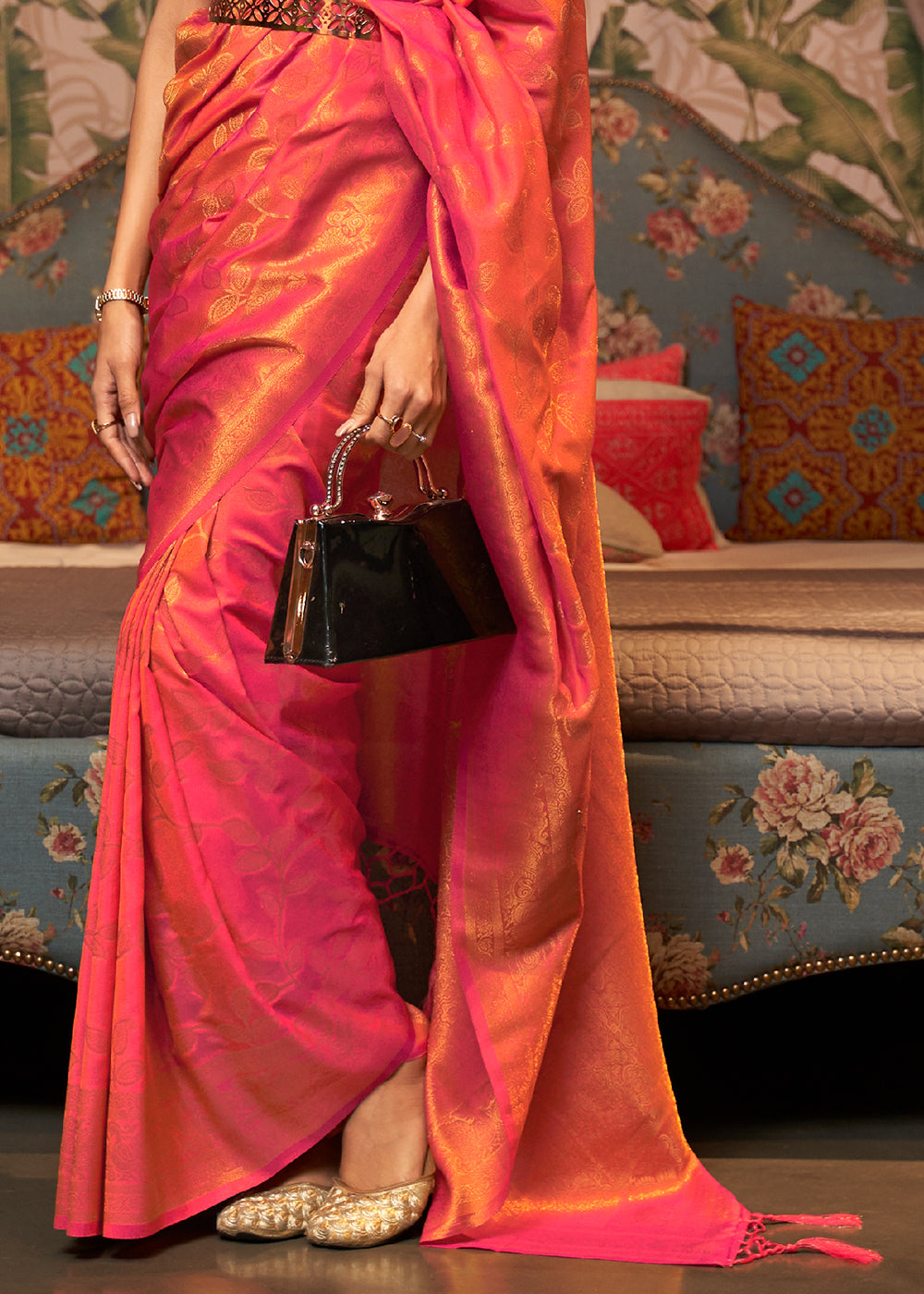 Pink & Orange Woven Floral Banarasi Silk Saree - qivii