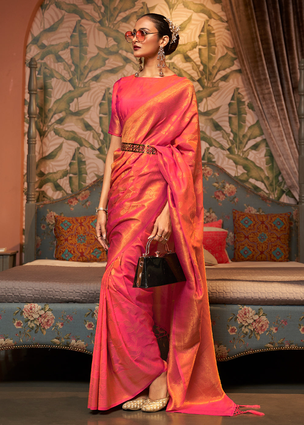 Pink & Orange Woven Floral Banarasi Silk Saree - qivii