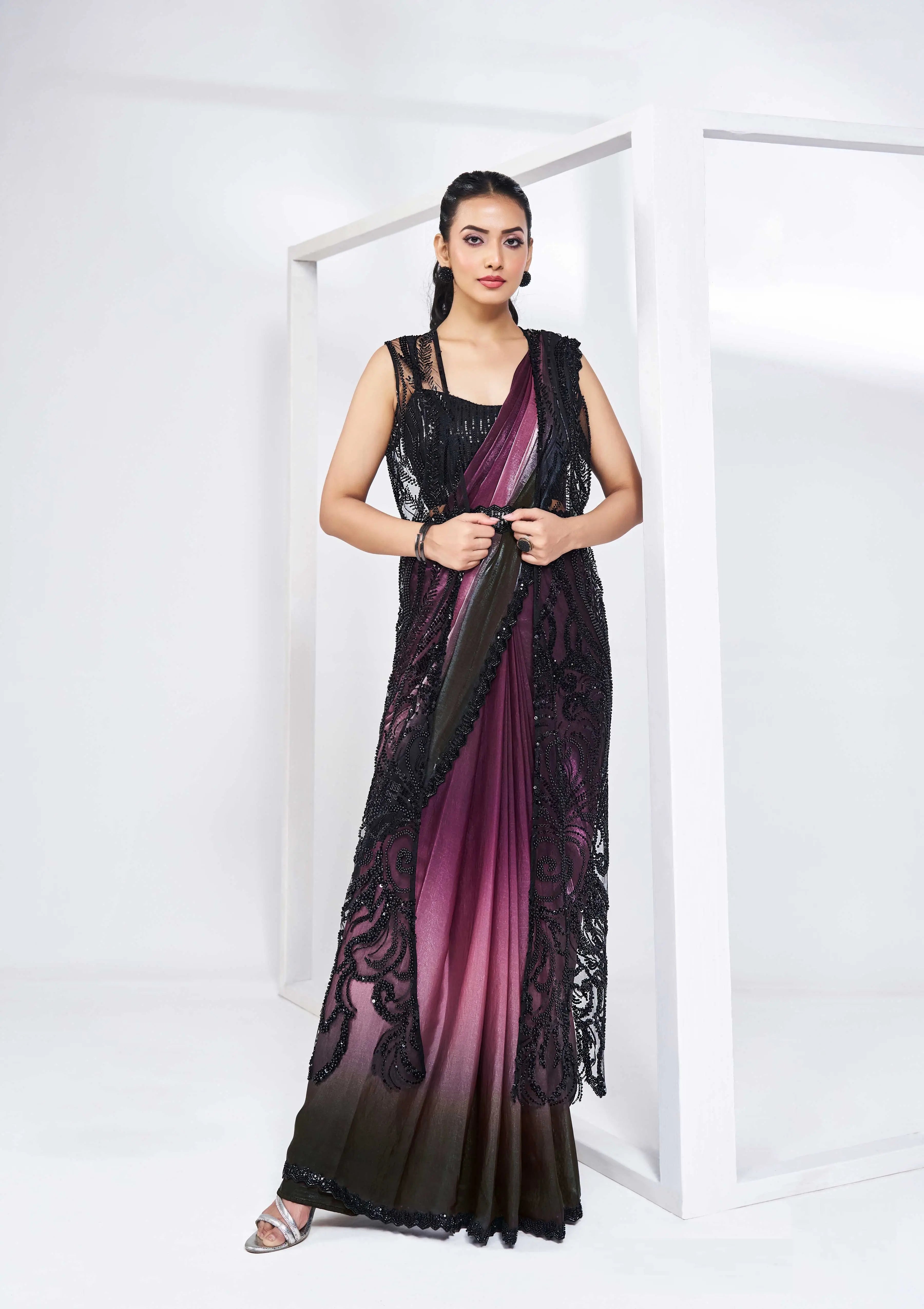 Black Wine Satin Silk Ready To Wear One Minute Saree With Handwork Blouse - qivii