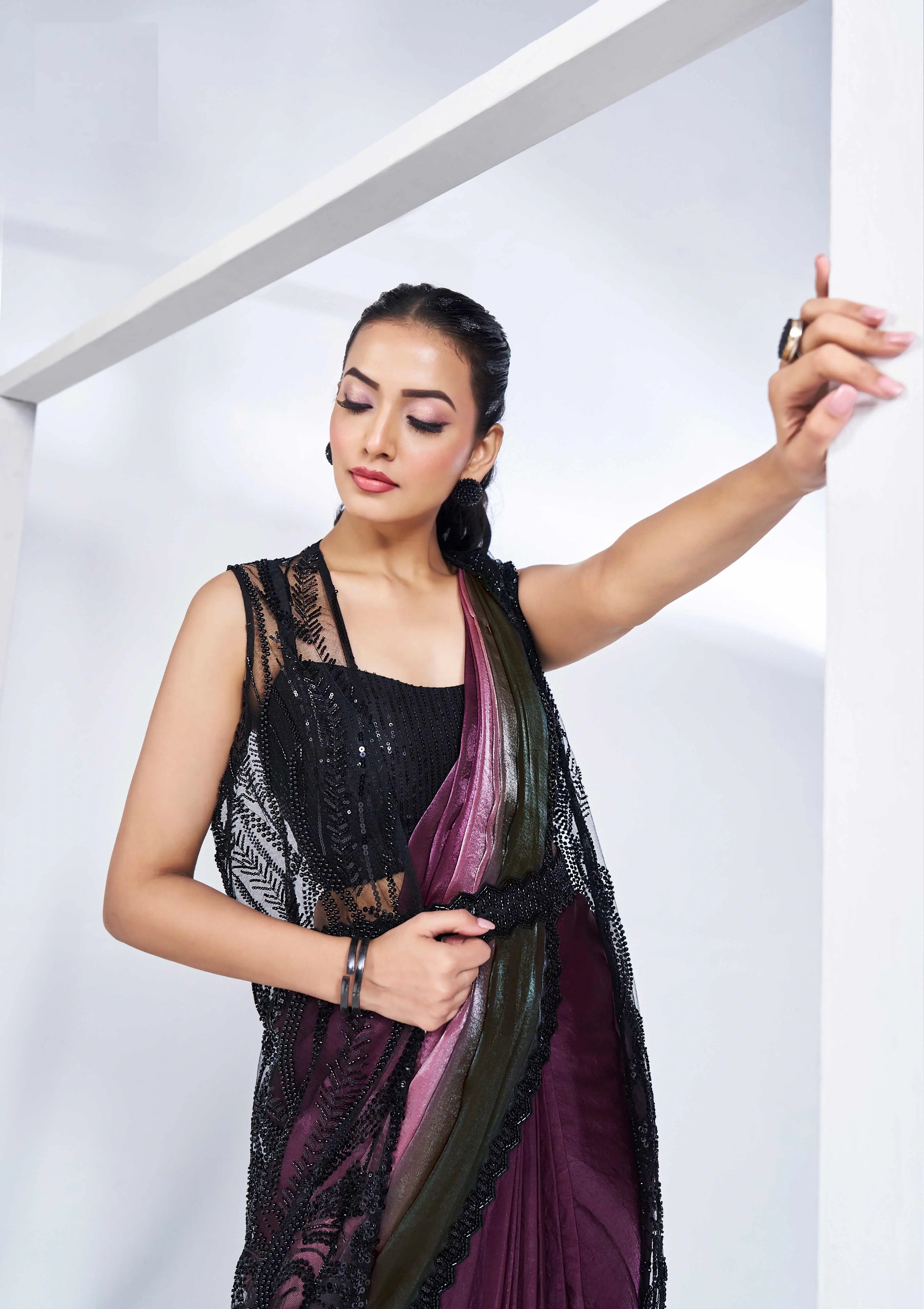 Black Wine Satin Silk Ready To Wear One Minute Saree With Handwork Blouse - qivii