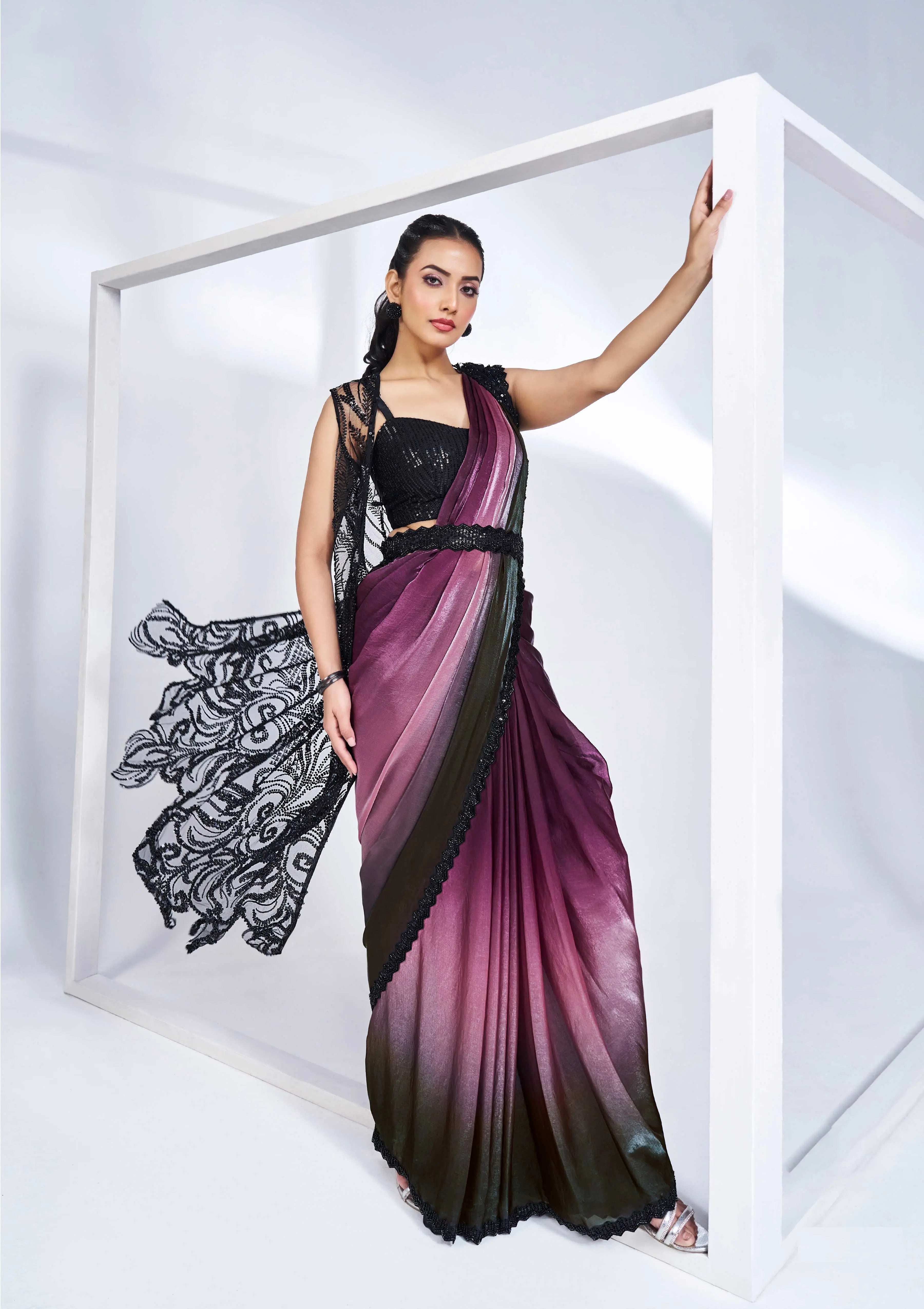 Black Wine Satin Silk Ready To Wear One Minute Saree With Handwork Blouse - qivii