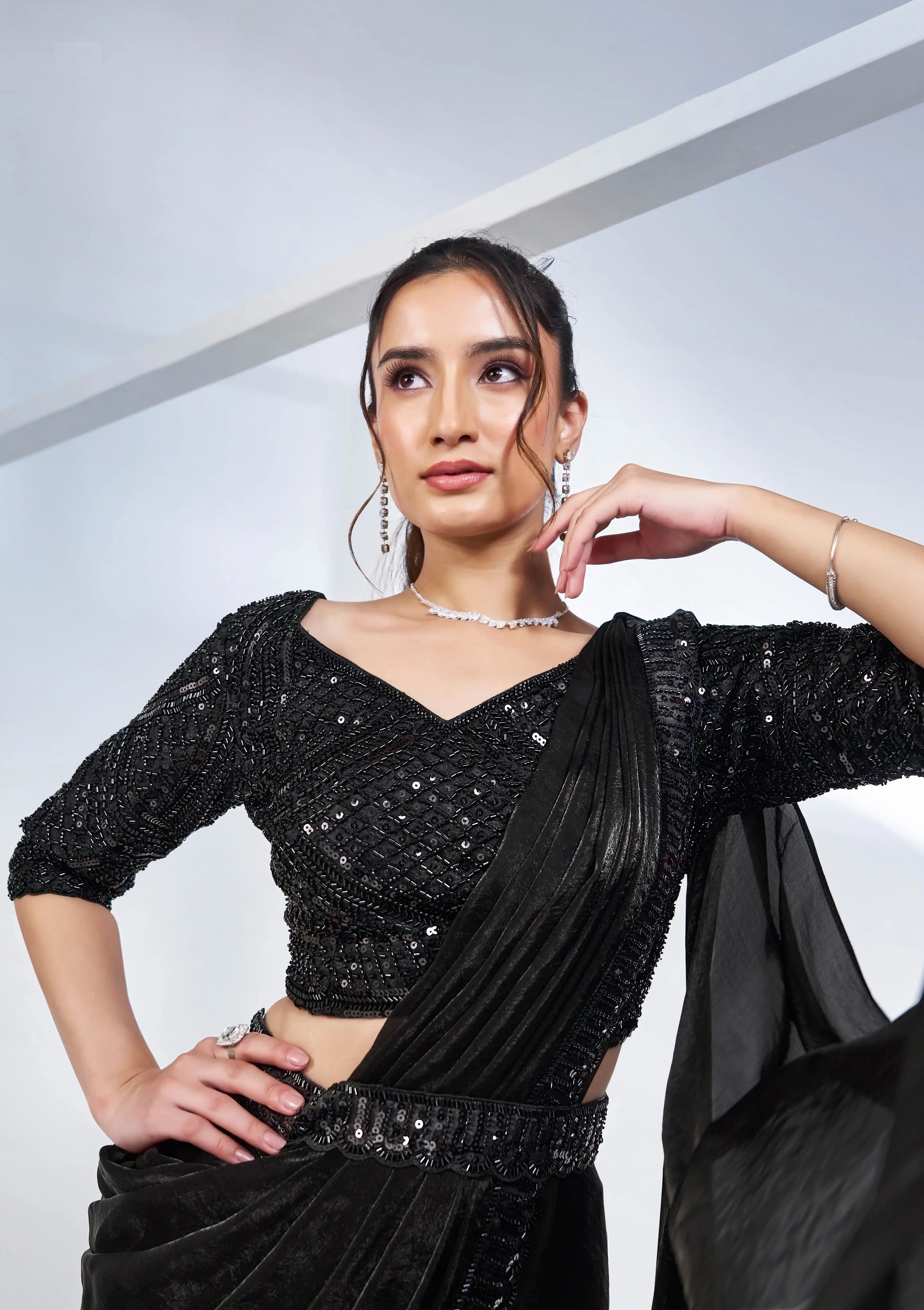 Black Satin Silk Ready To Wear One Minute Saree With Heavy Handwork Blouse - qivii