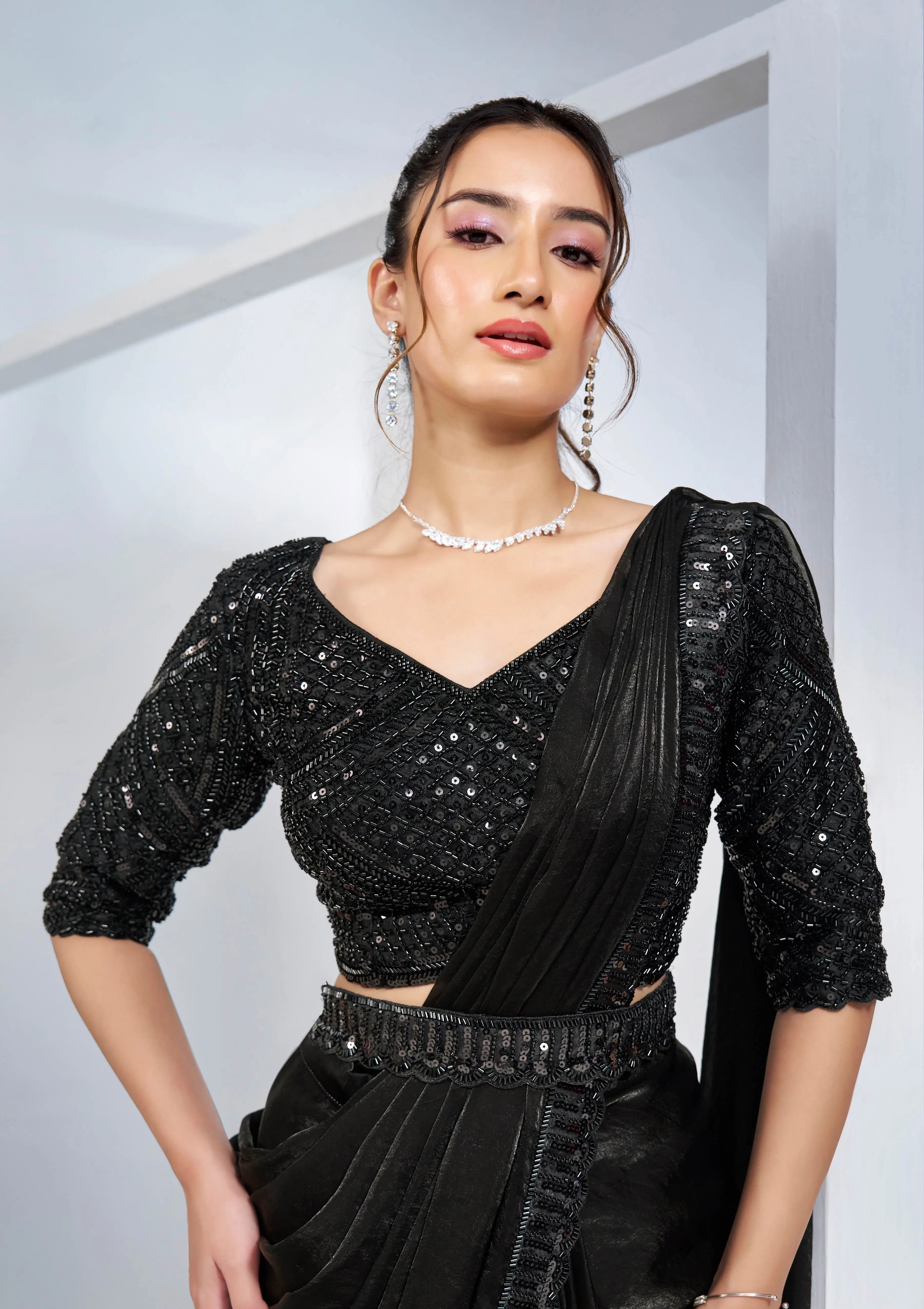 Black Satin Silk Ready To Wear One Minute Saree With Heavy Handwork Blouse - qivii