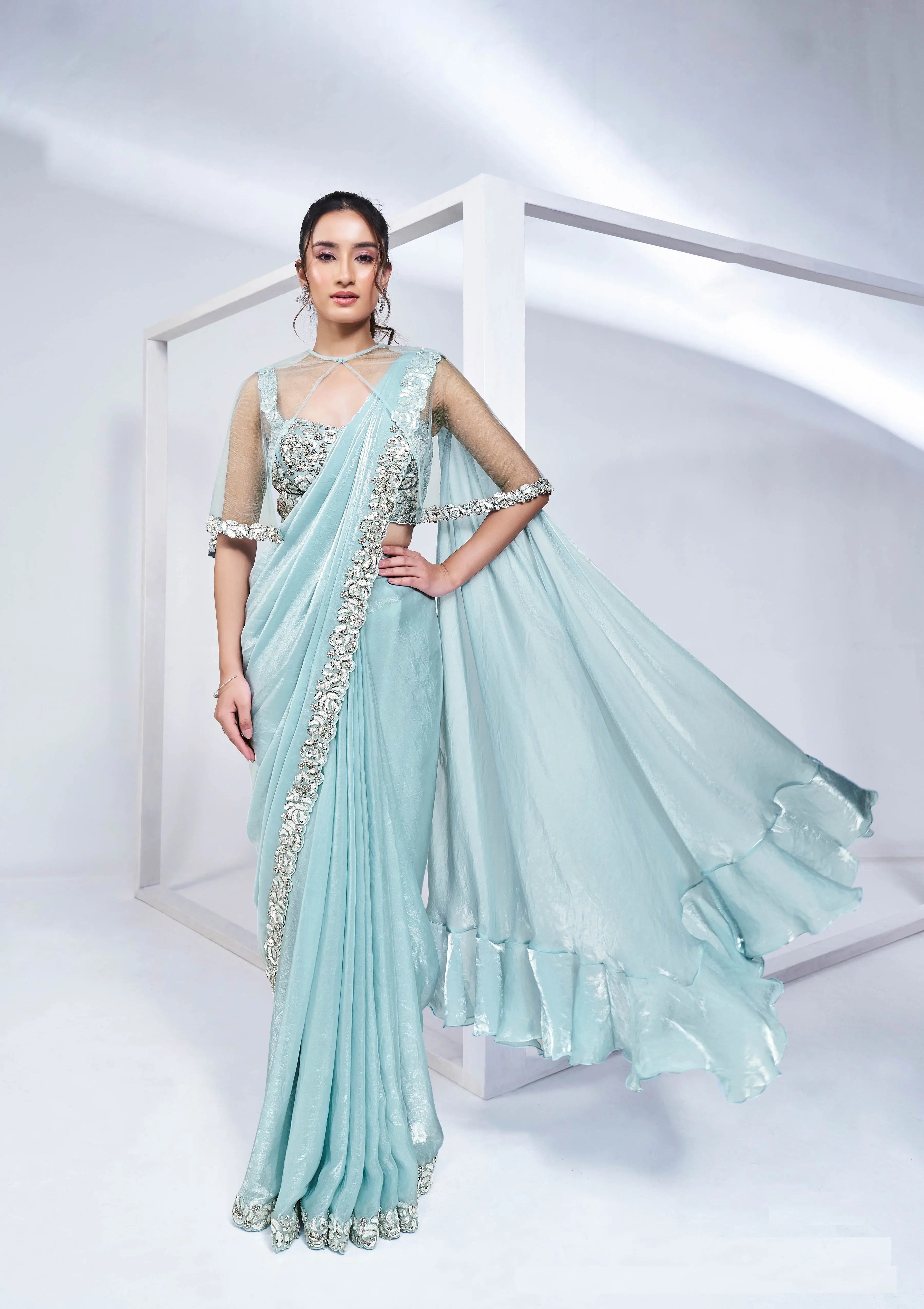Sky Satin Silk Ready To Wear One Minute Saree With Heavy Handwork Blouse - qivii