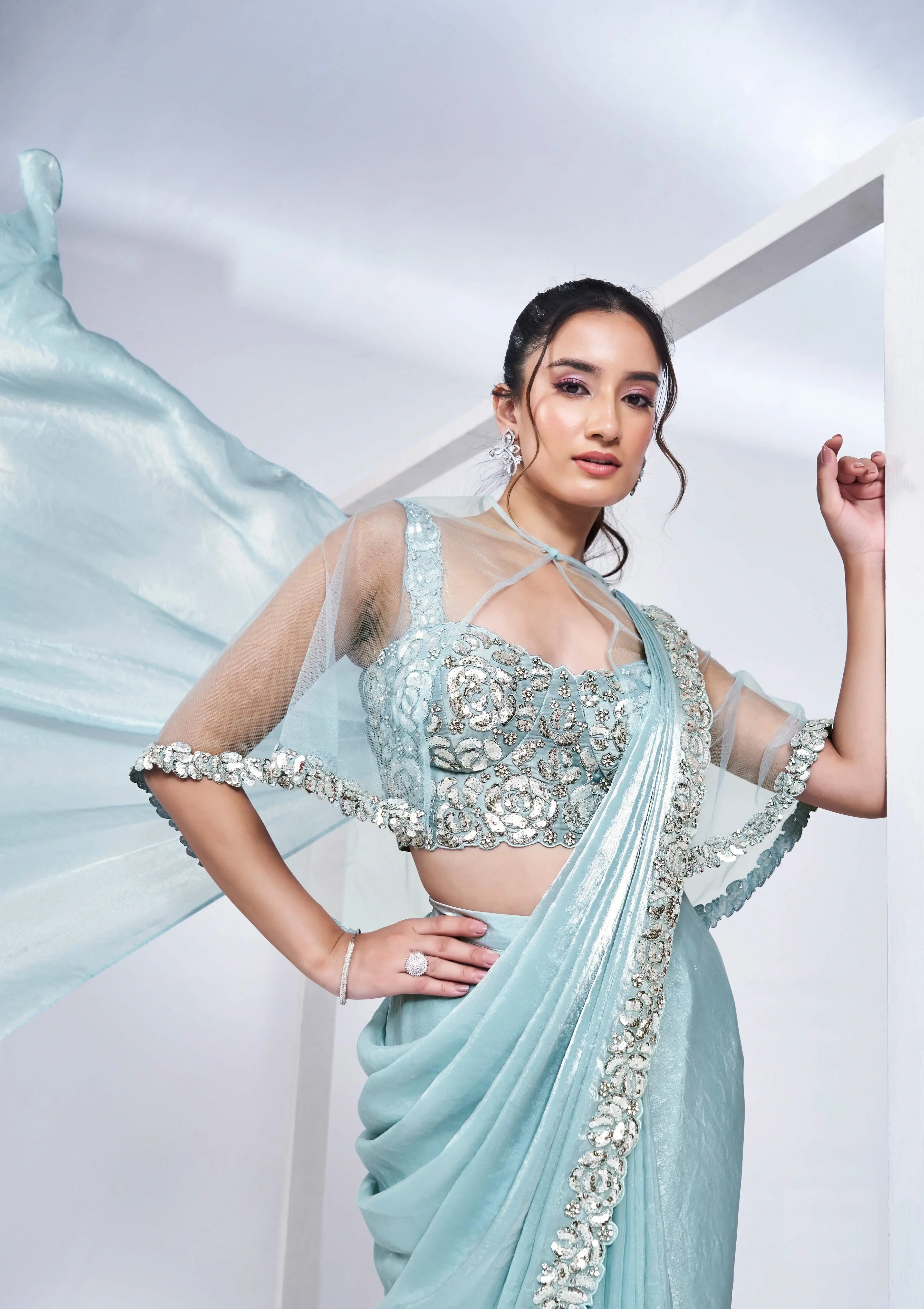 Sky Satin Silk Ready To Wear One Minute Saree With Heavy Handwork Blouse - qivii