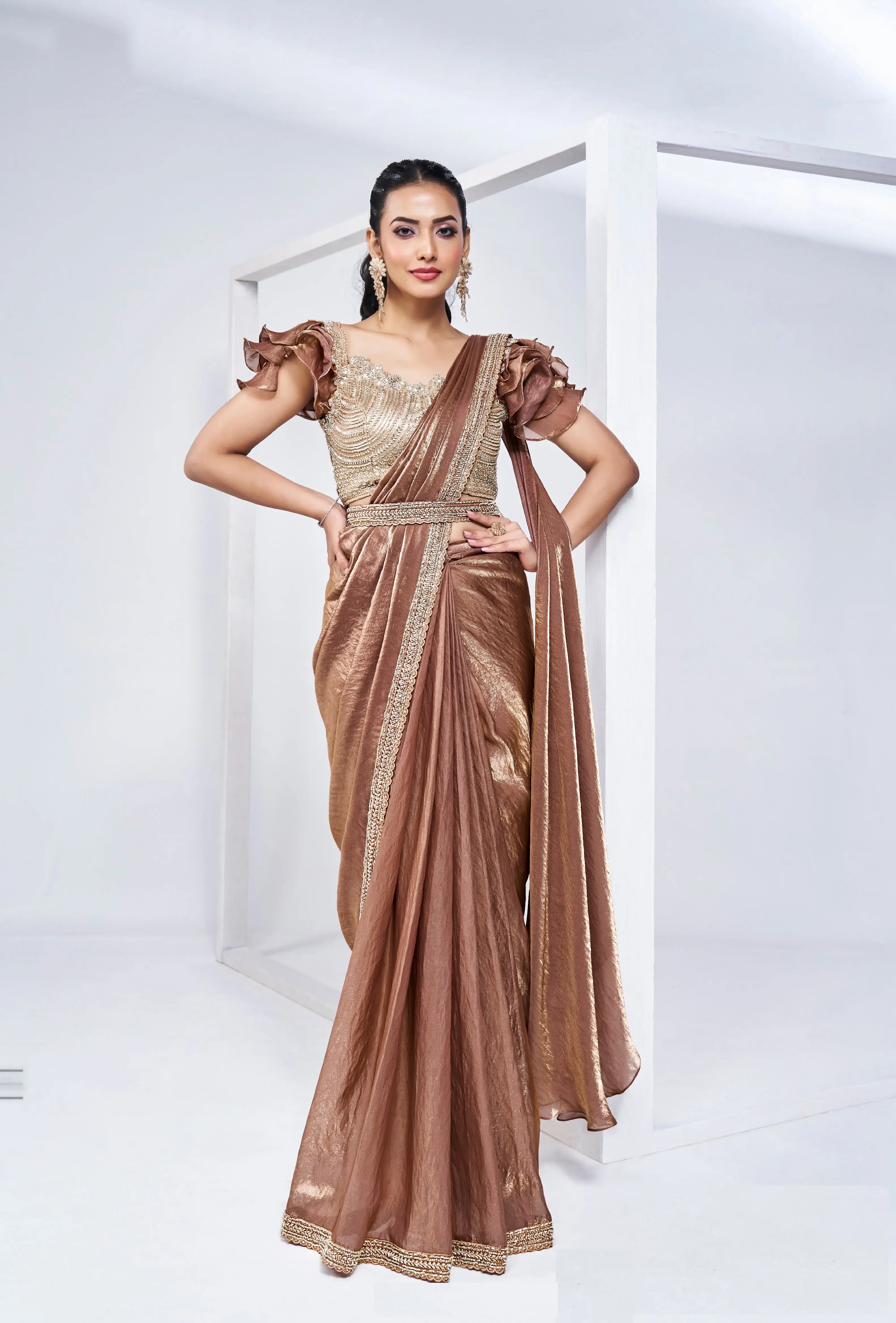Mustered Satin Silk Ready To Wear One Minute Saree With Handwork Blouse - qivii