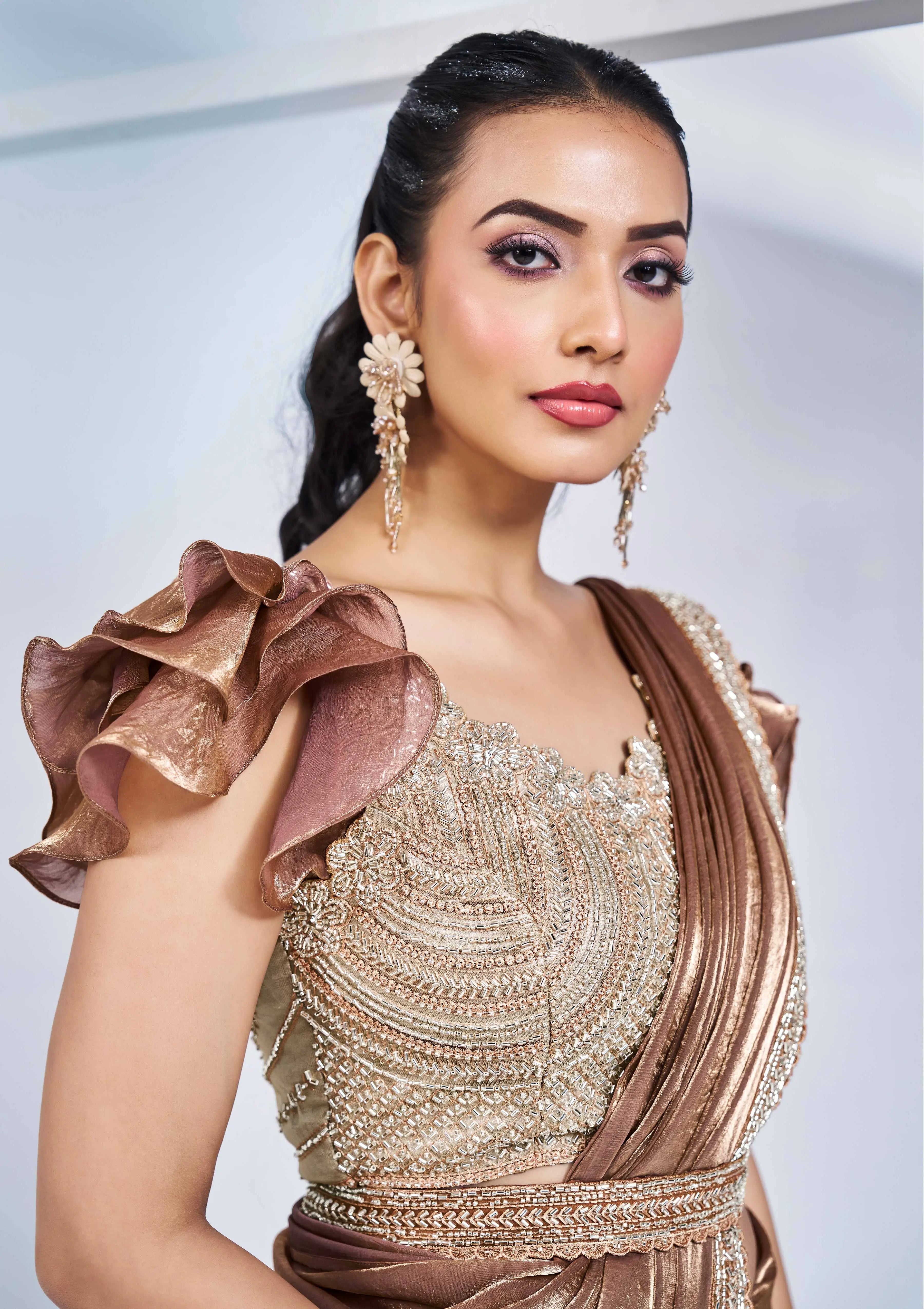 Mustered Satin Silk Ready To Wear One Minute Saree With Handwork Blouse - qivii