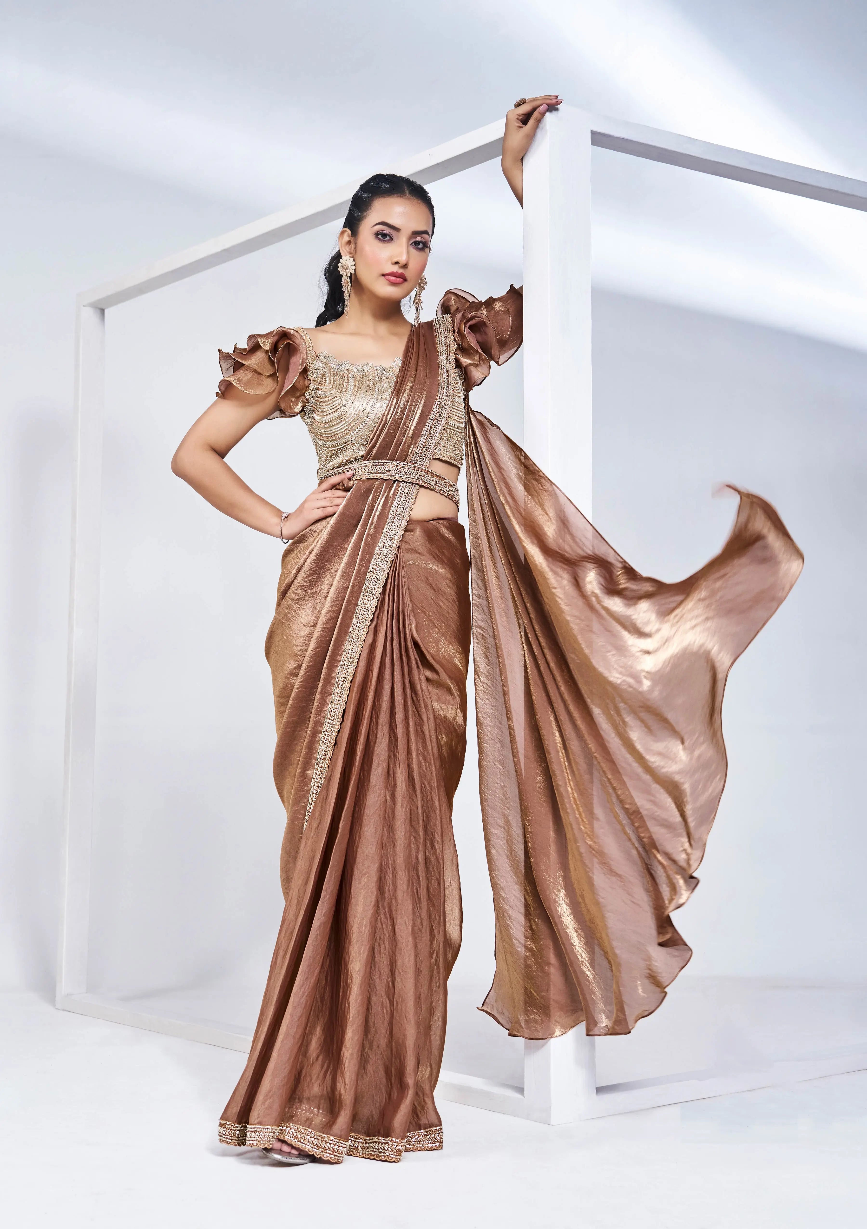 Mustered Satin Silk Ready To Wear One Minute Saree With Handwork Blouse - qivii