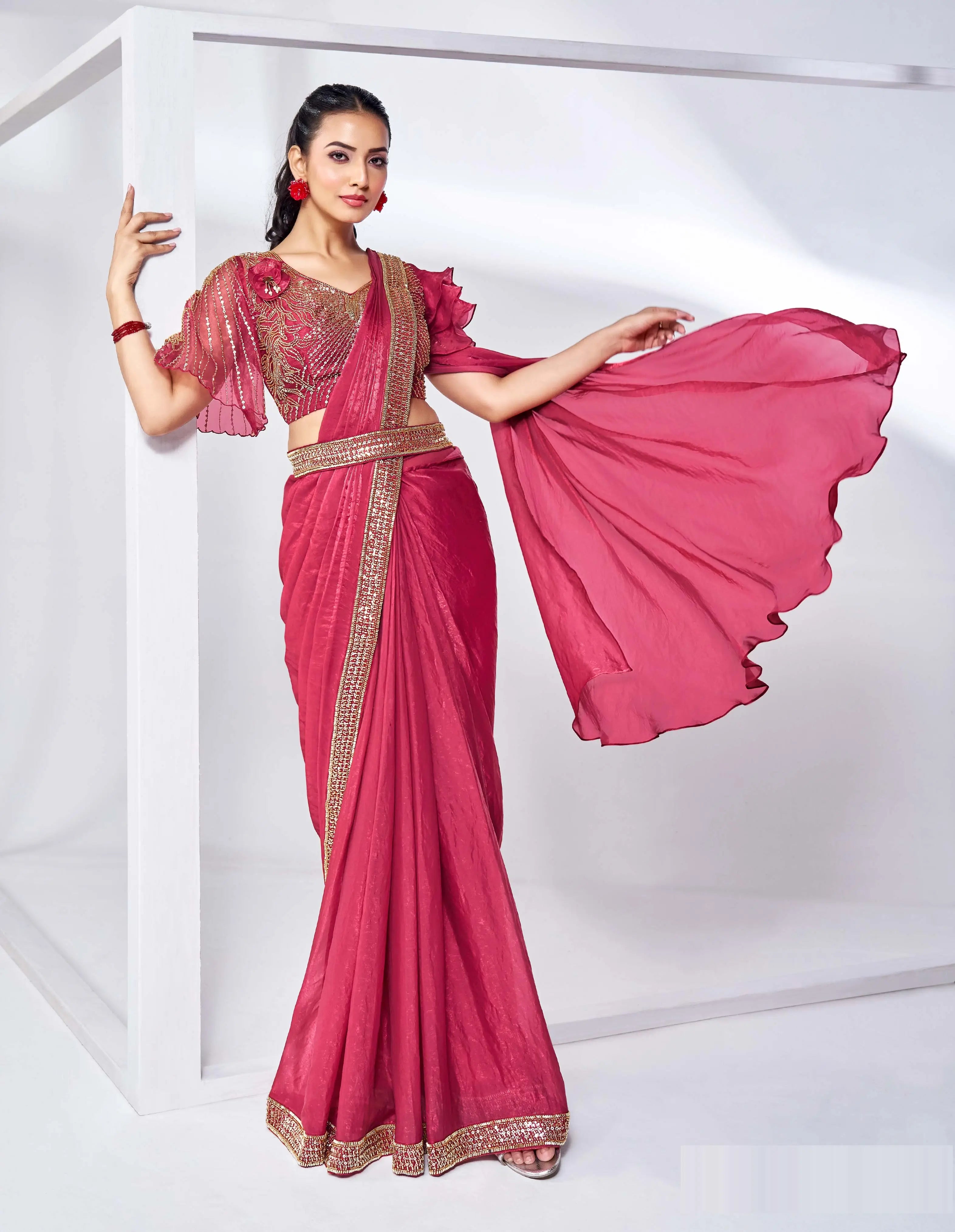 Cherry Red Satin Silk Ready To Wear One Minute Saree With Handwork Blouse - qivii