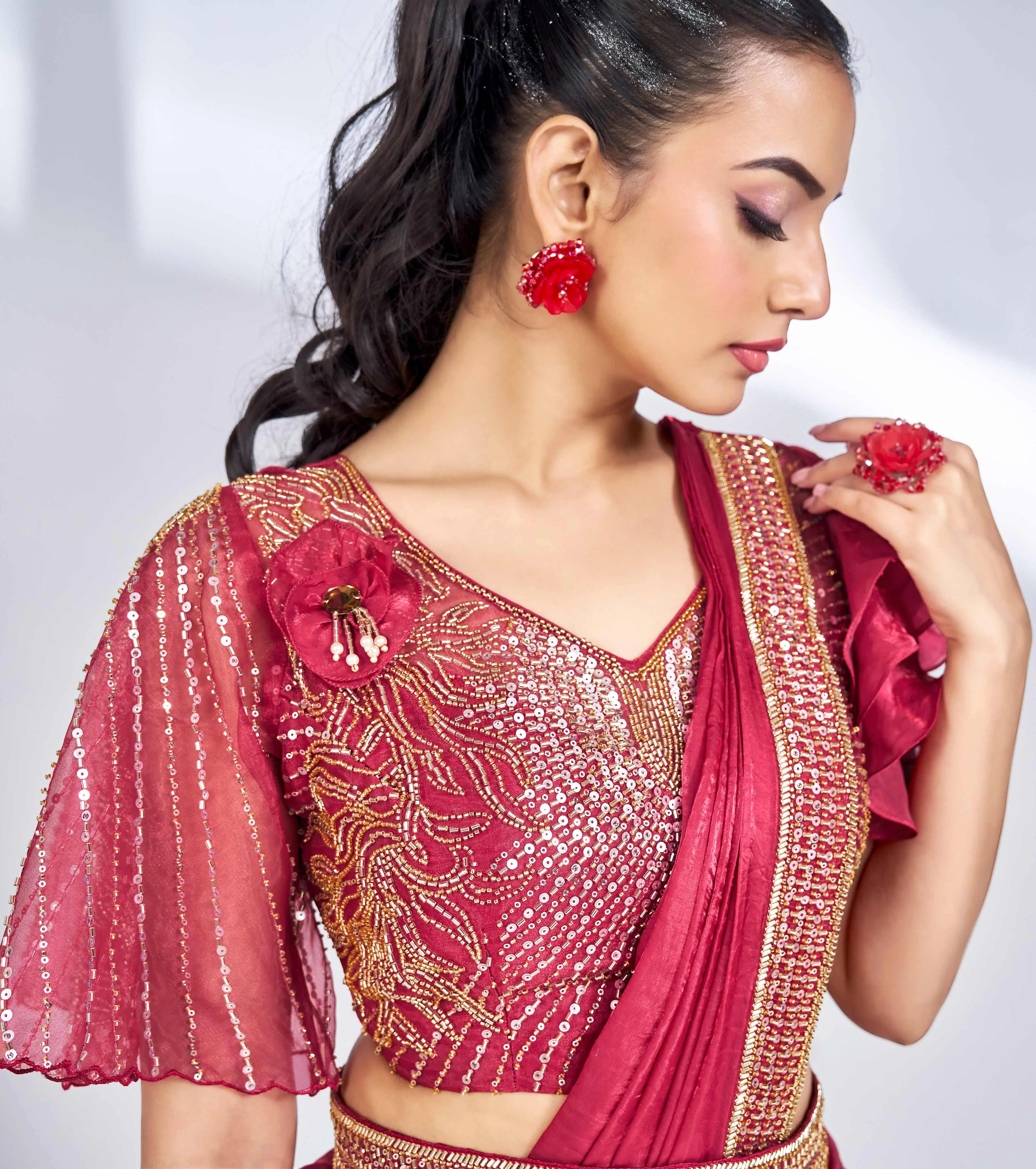 Cherry Red Satin Silk Ready To Wear One Minute Saree With Handwork Blouse - qivii