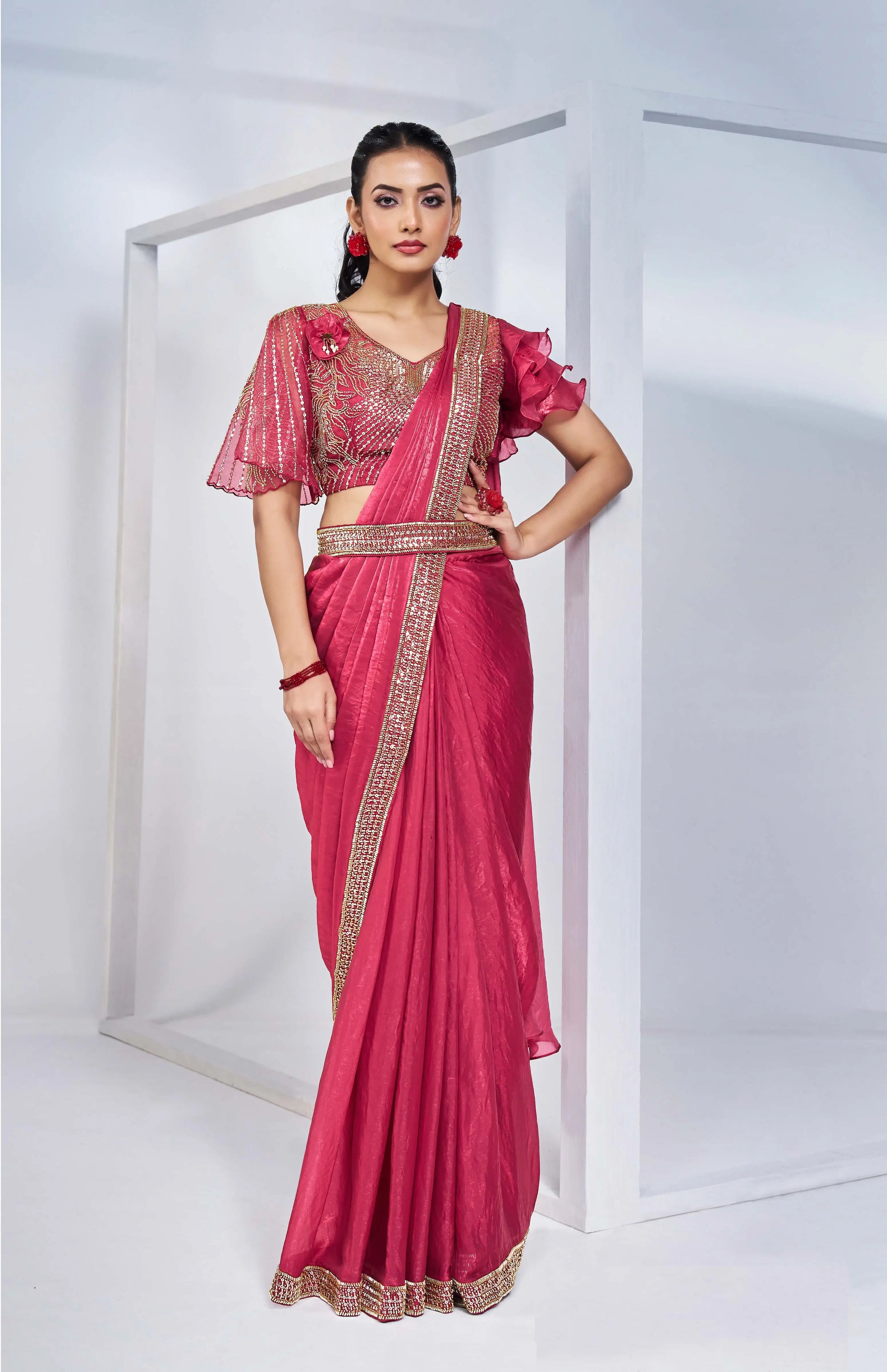 Cherry Red Satin Silk Ready To Wear One Minute Saree With Handwork Blouse - qivii