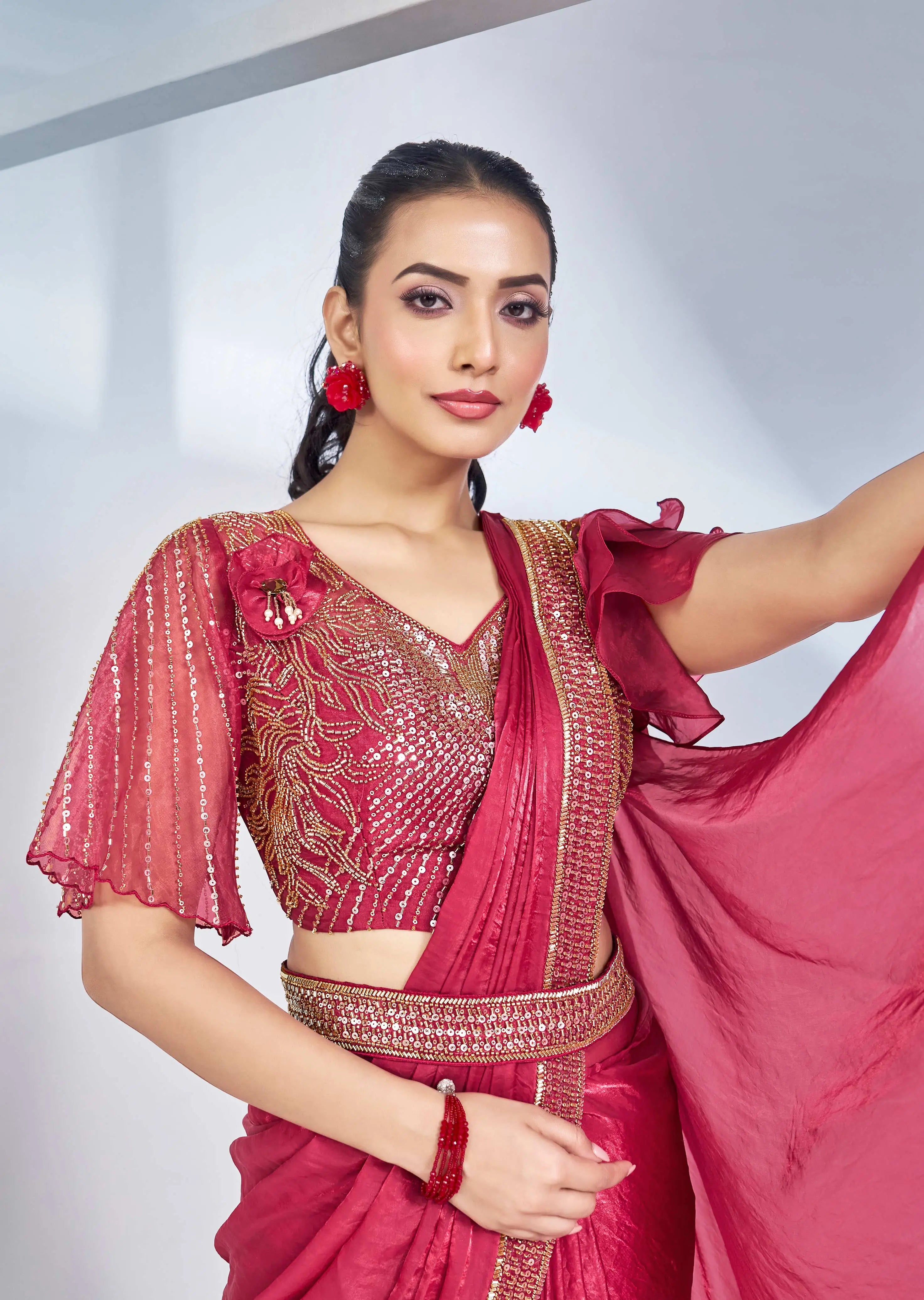 Cherry Red Satin Silk Ready To Wear One Minute Saree With Handwork Blouse - qivii