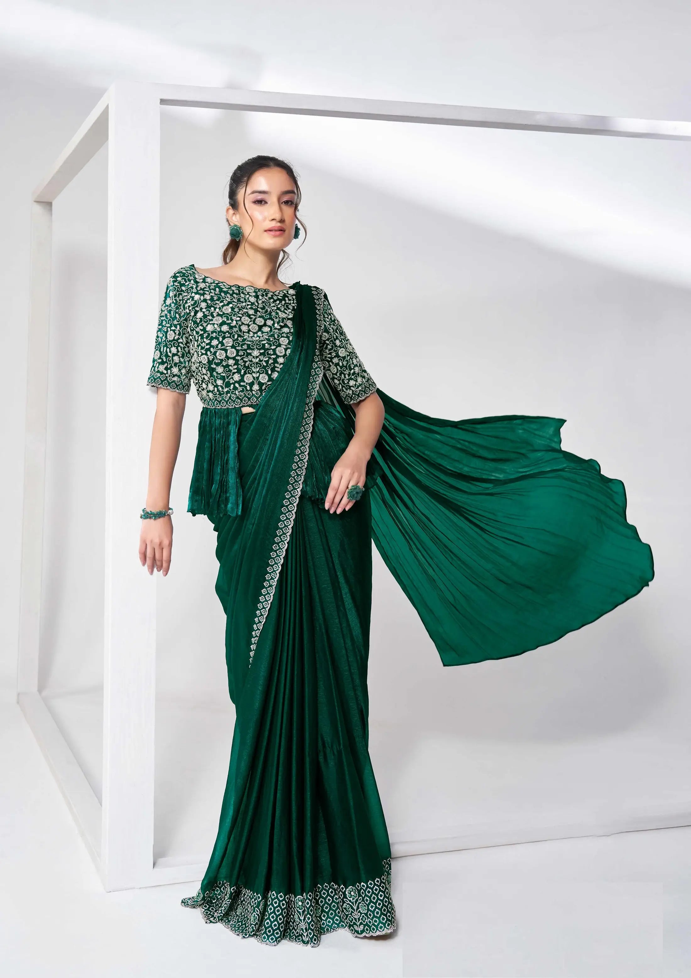 Green Satin Silk Ready To Wear One Minute Saree With Handwork Blouse - qivii