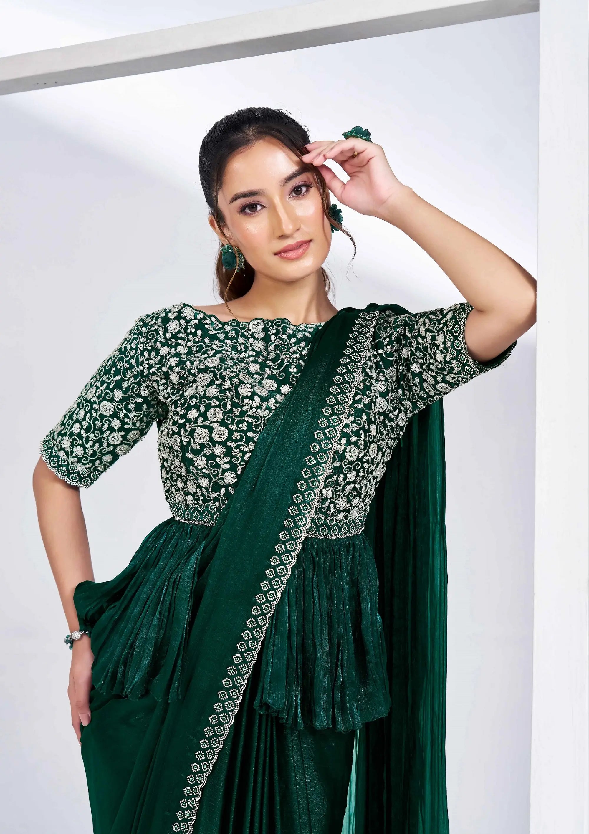 Green Satin Silk Ready To Wear One Minute Saree With Handwork Blouse - qivii