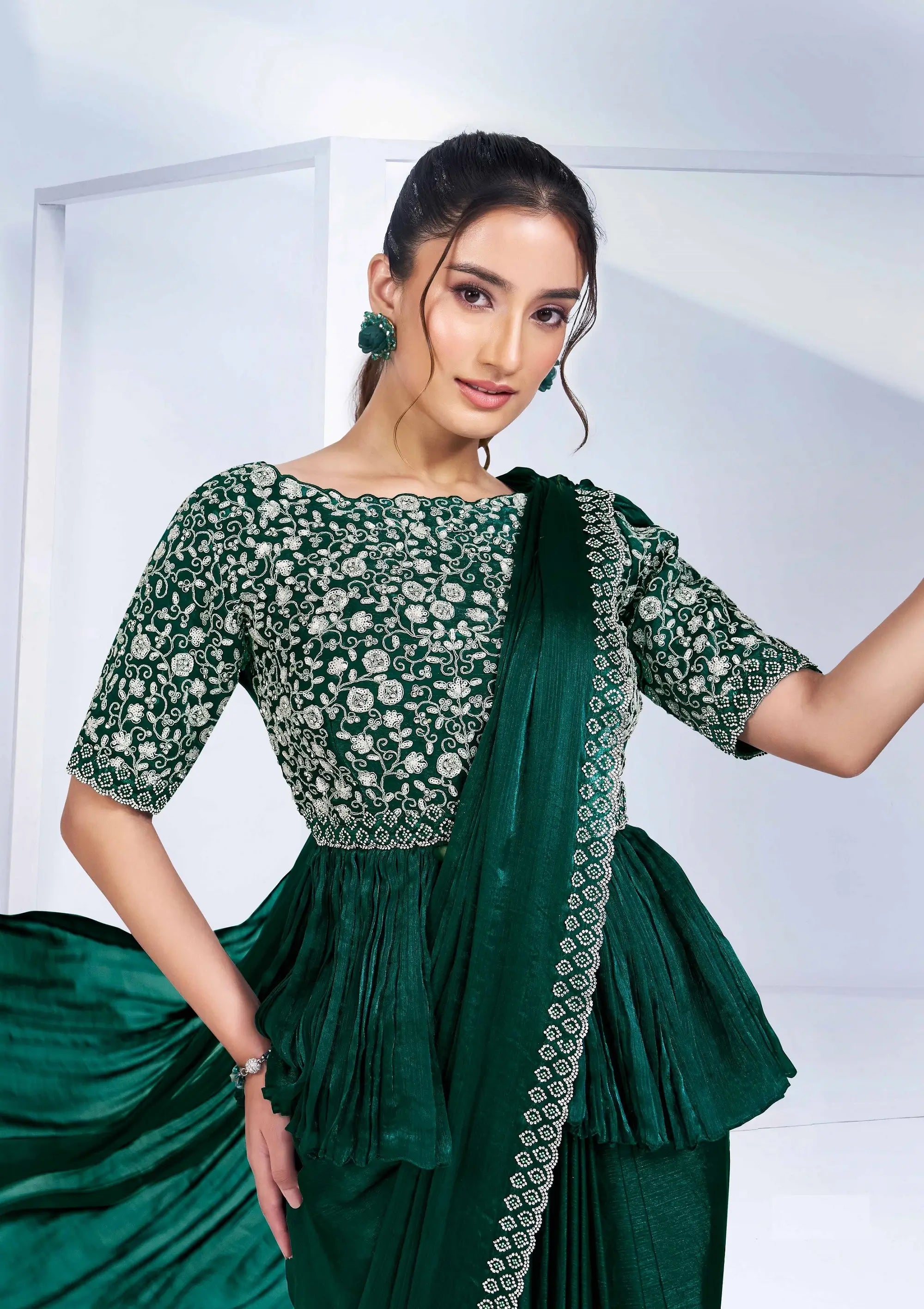 Green Satin Silk Ready To Wear One Minute Saree With Handwork Blouse - qivii