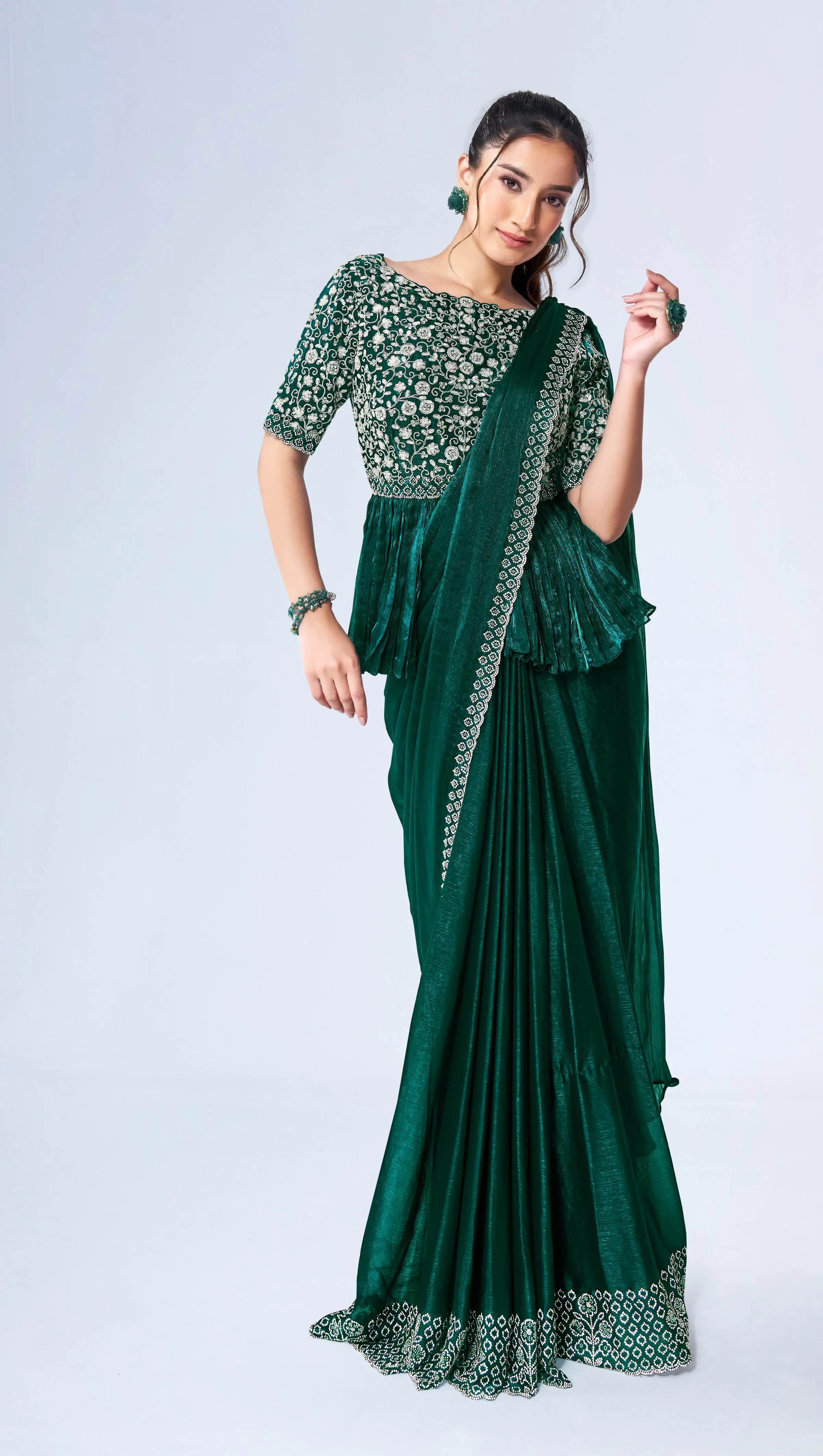 Green Satin Silk Ready To Wear One Minute Saree With Handwork Blouse - qivii