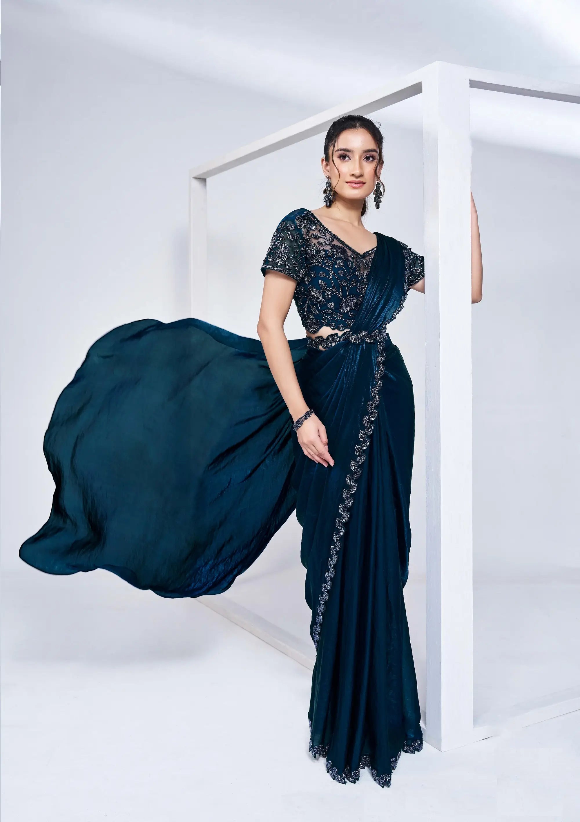 Navy Blue Satin Silk Ready To Wear One Minute Saree With Handwork Blouse - qivii