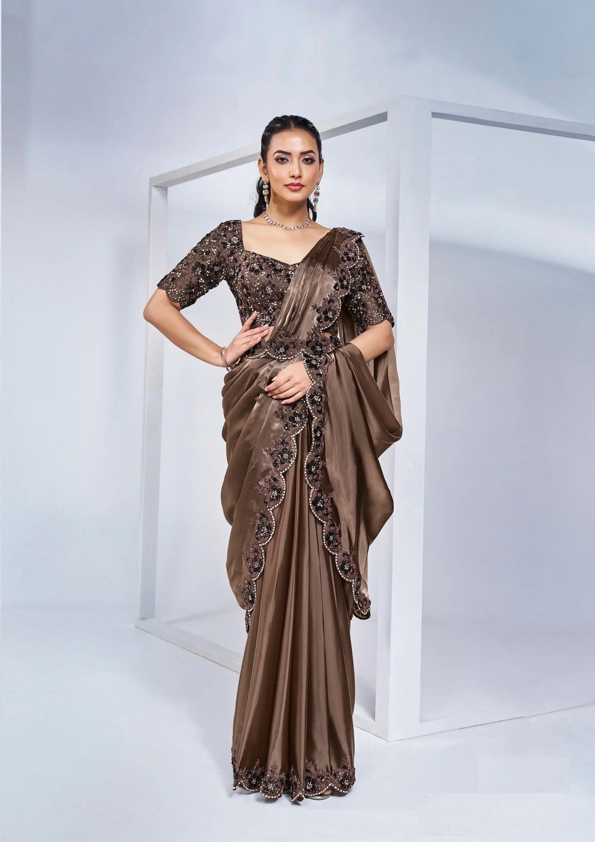 Coffee Satin Silk Ready To Wear One Minute Saree With Handwork Blouse - qivii