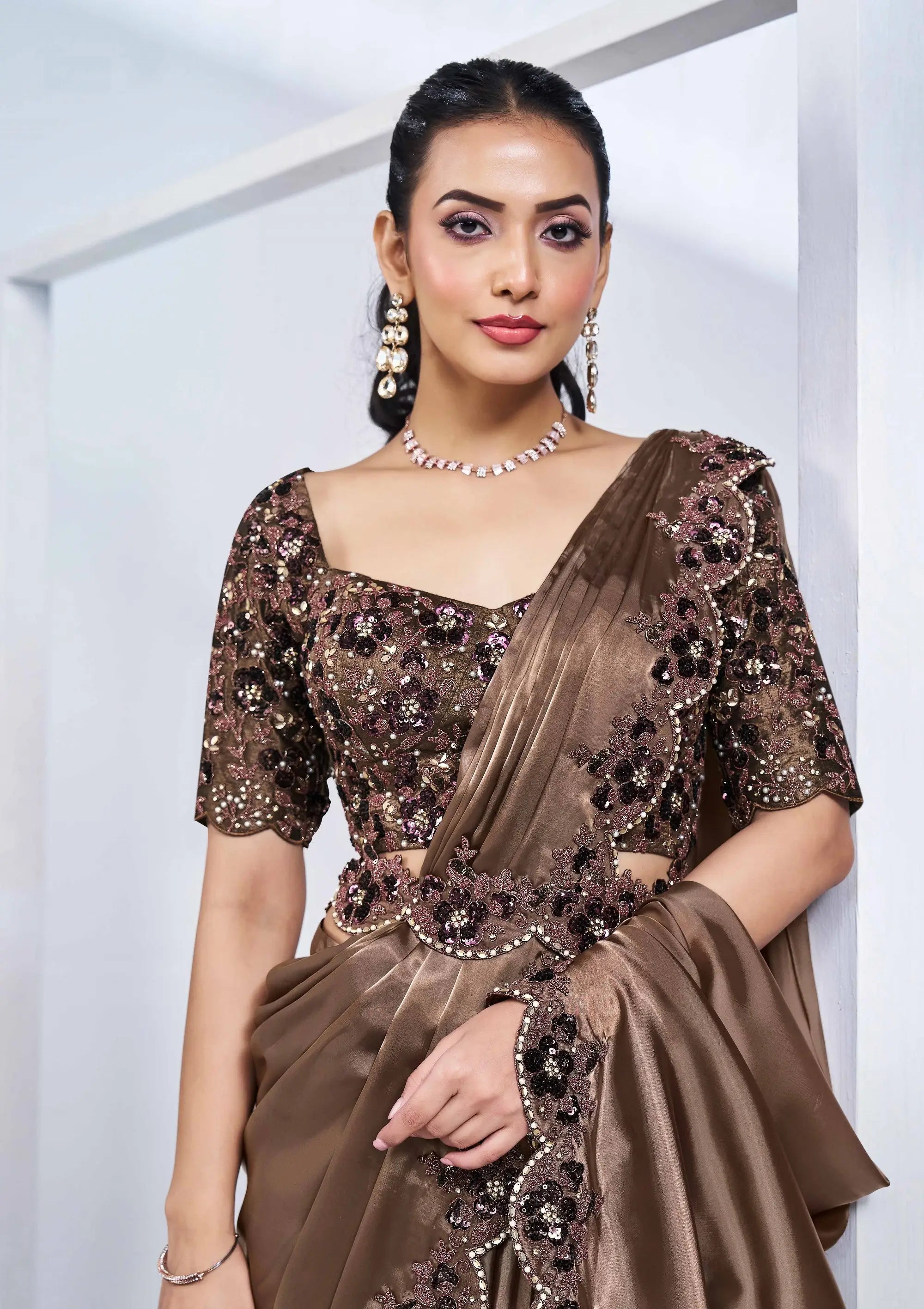 Coffee Satin Silk Ready To Wear One Minute Saree With Handwork Blouse - qivii