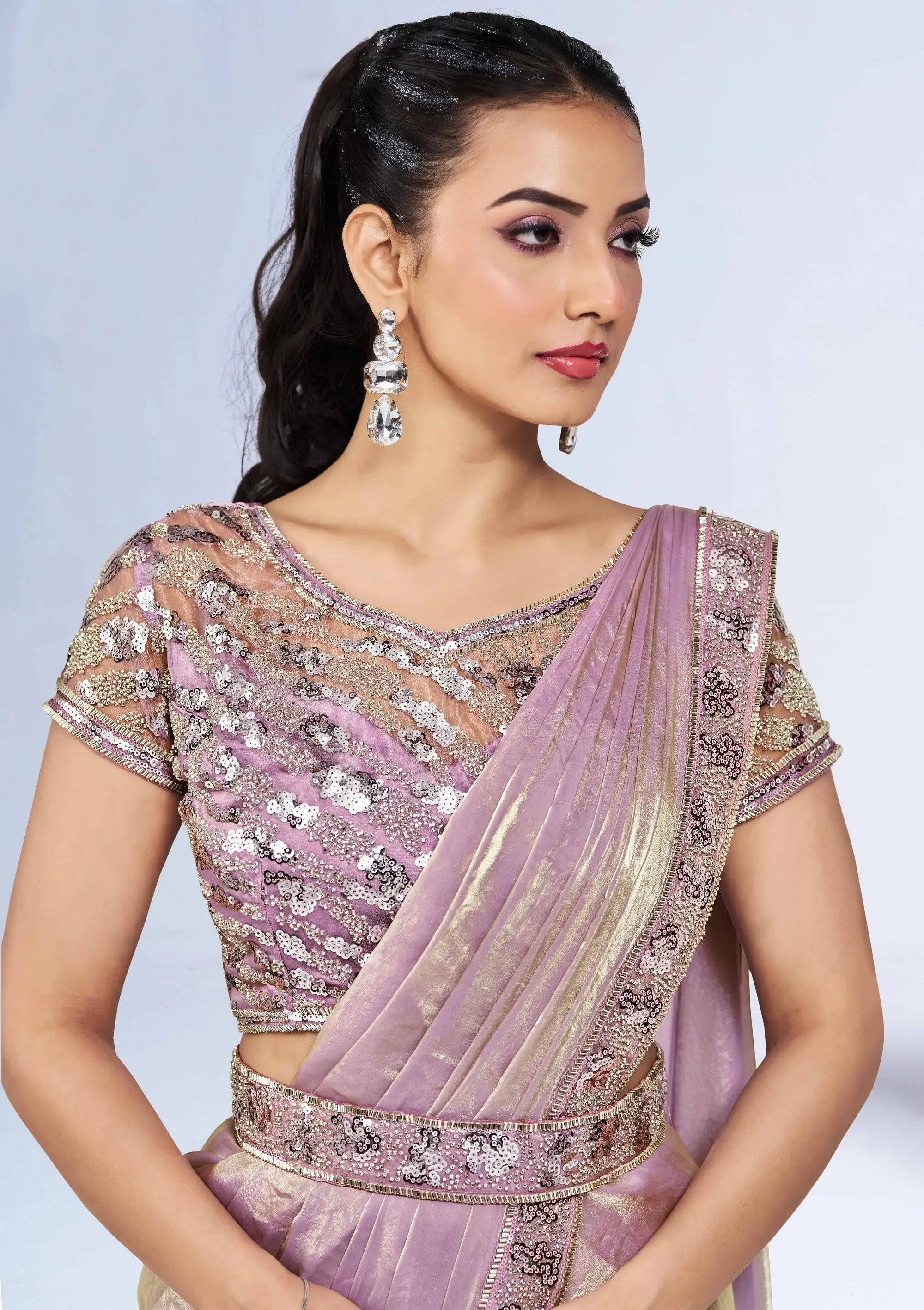 Lavender Satin Silk Ready To Wear One Minute Saree With Handwork Blouse - qivii