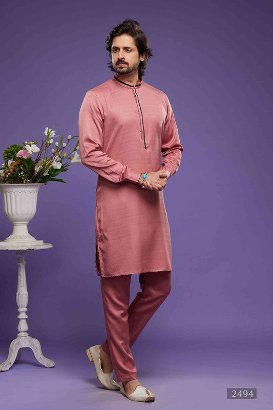 Men's Art Banarasi Silk Thread Work Kurta Pajama In Rust Pink Colour