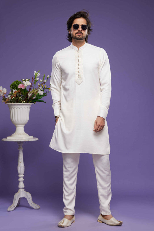 Men's Art Banarasi Silk Thread Work Kurta Pajama In Cream Colour