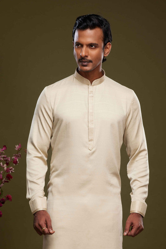 Men's Art Banarasi Silk Thread Work Kurta Pajama In Cream Beige Colour
