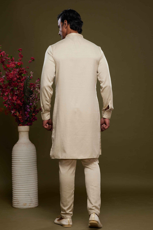 Men's Art Banarasi Silk Thread Work Kurta Pajama In Cream Beige Colour