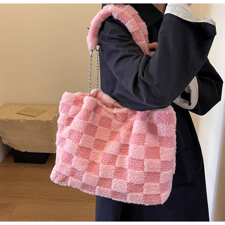 Women's Large-Capacity Plush Handbag | Trendy Quilted Chain Shoulder Bag with Patchwork Design