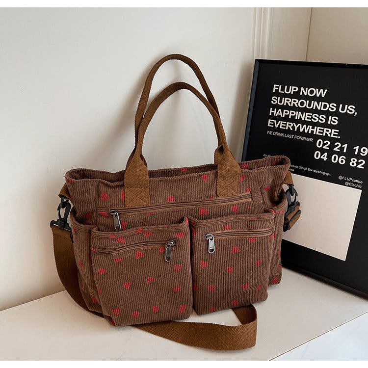 Women's Corduroy Cherry Print Tote Bag – Versatile Women's Strawberry Shoulder & Crossbody Large Capacity Mommy Bag