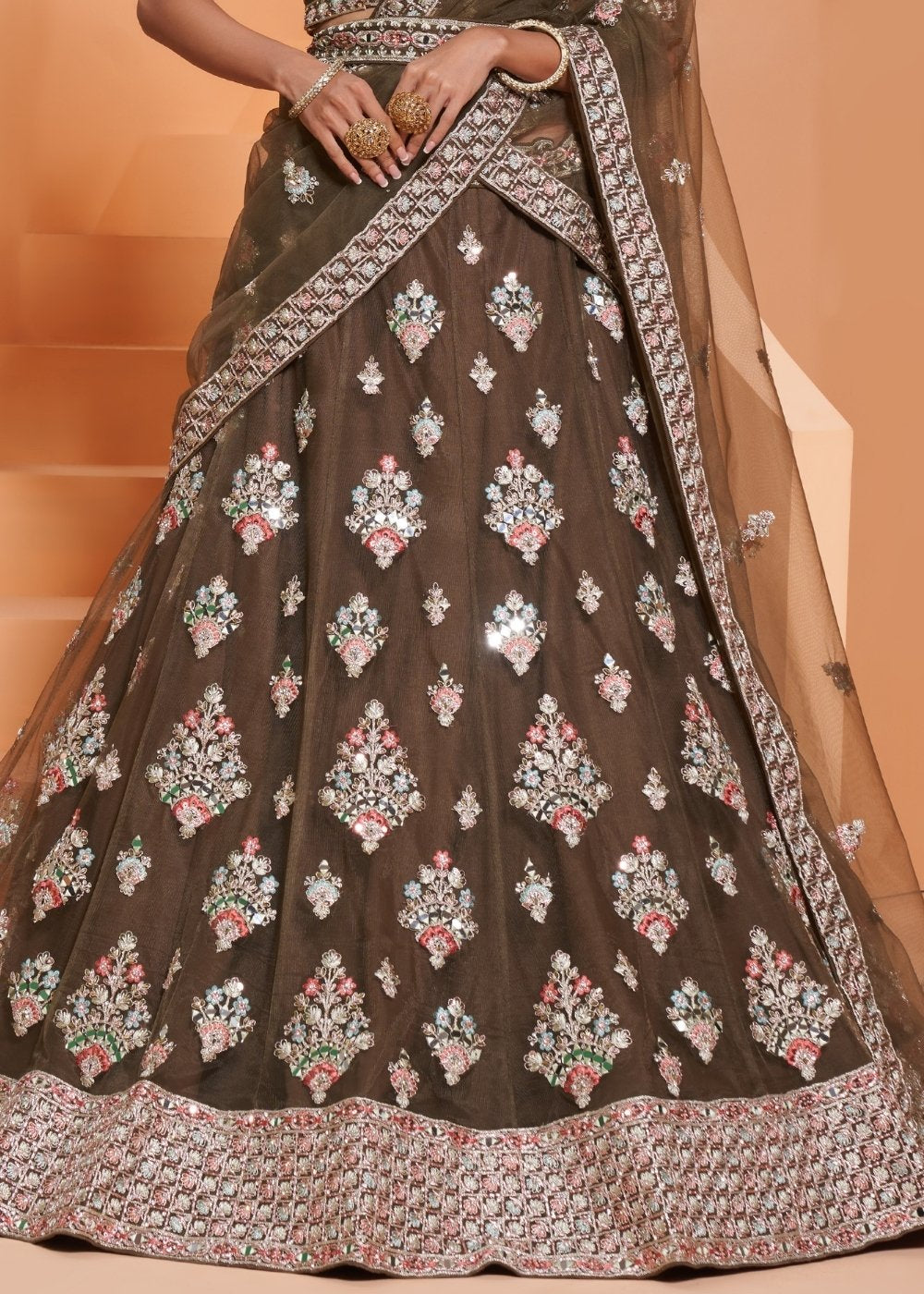 Army Green Net Lehenga Choli with Cording,Thread Embroidery, Zarkan & Badla work | Ready To Wear - qivii