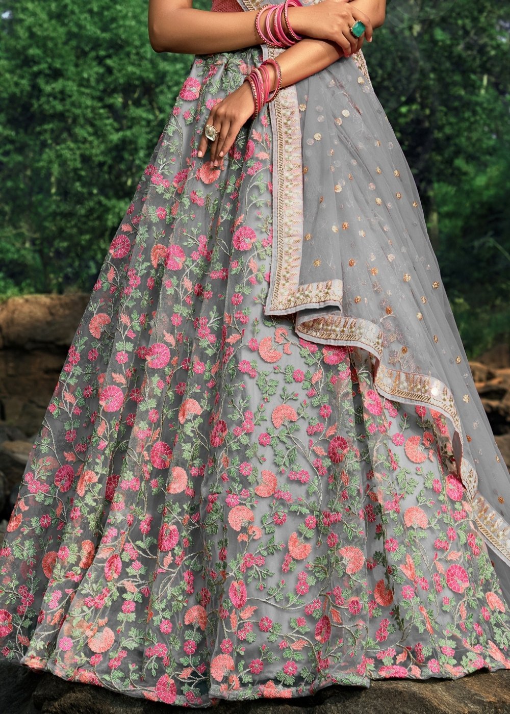 Seal Grey Designer Soft Net Lehenga Choli with Sequins, Thread & Zari work | Ready To Wear - qivii
